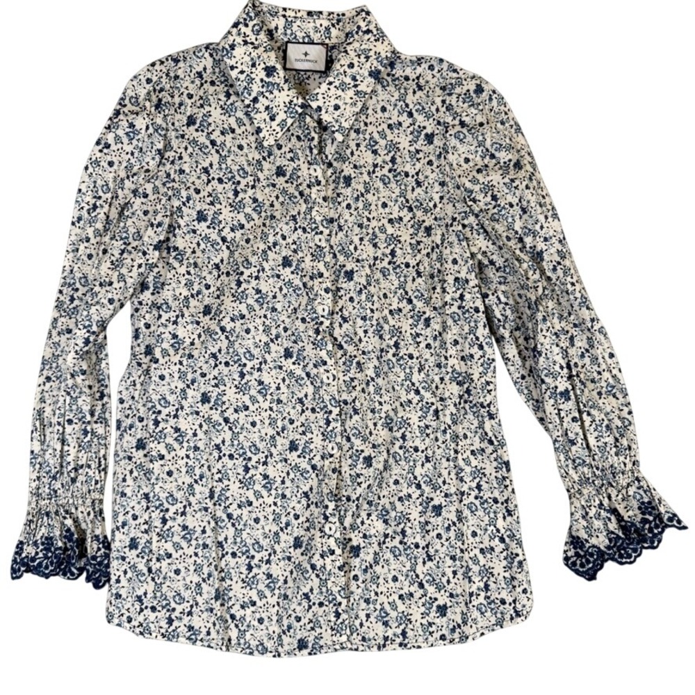 Tuckernuck Blue Floral Button Down Shirt Smocked Eyelet Cuff Blouse Medium